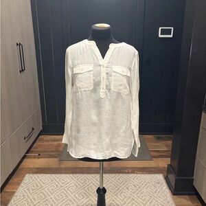 Talbots Petite White 100% Linen Popover Blouse MP